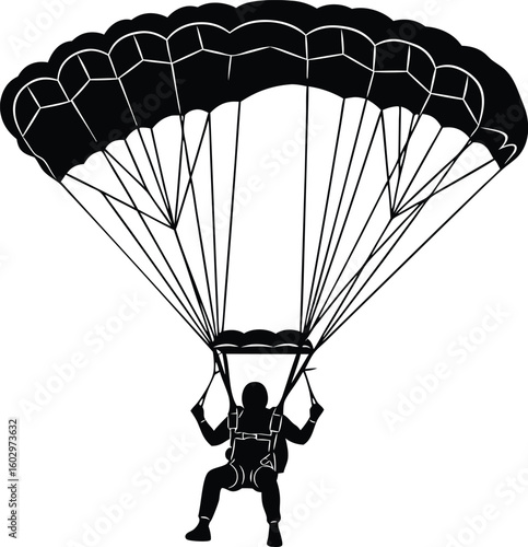 Black and white silhouette of a skydiver floating downwards under a parachute