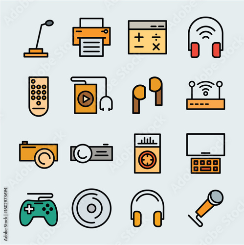 Flat Design Icons of Audio Devices, Digital Tools, and Tech Gadgets – Headphones, Microphones, Gaming, and Wireless Devices