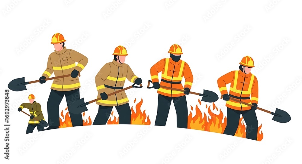 Naklejka premium Firefighters in Protective Uniform Extinguishing Fire with Shovels in Fire Scene