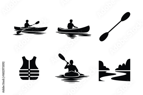 Kayaking activity icons and safety gear canoe paddle