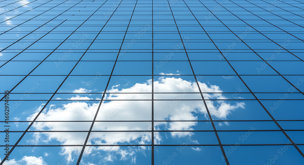 Fototapeta premium Low angle view of a glass building facade reflecting a blue sky with white clouds.