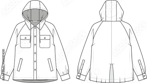 CAD drawing flat vector illustration of hooded jacket with front pockets, back pleat, fashion technical sketch, apparel garment design