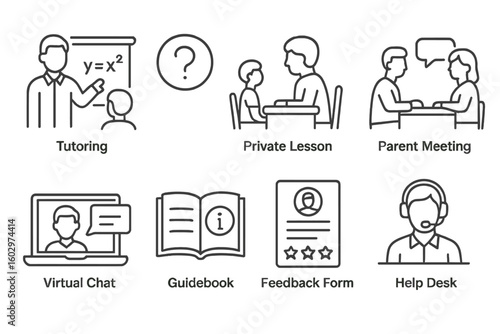Educational services icons: tutoring, private lessons, parent meetings, virtual chat, guidebook, feedback, help desk