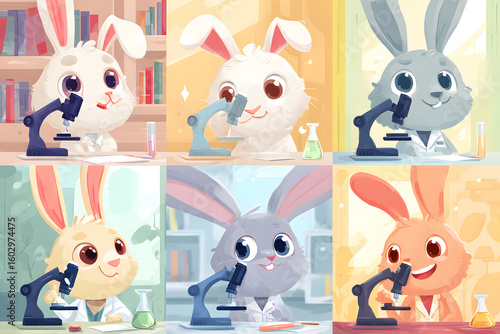Playful Cartoon Bunnies Conducting Science Experiments with Microscopes