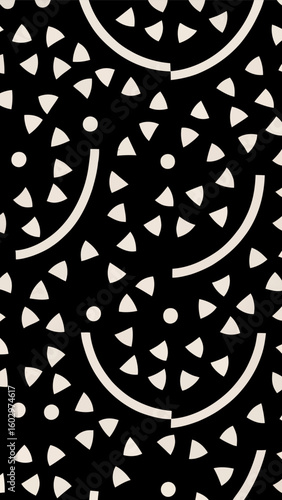 Abstract Geometric Pattern: A visually appealing abstract pattern comprised of an artful mix of shapes, including curves, semi-circles, and scattered triangles.