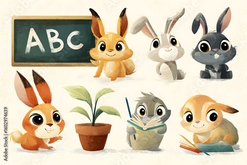 Cute Cartoon Rabbits Engaging in Learning Activities and Nature