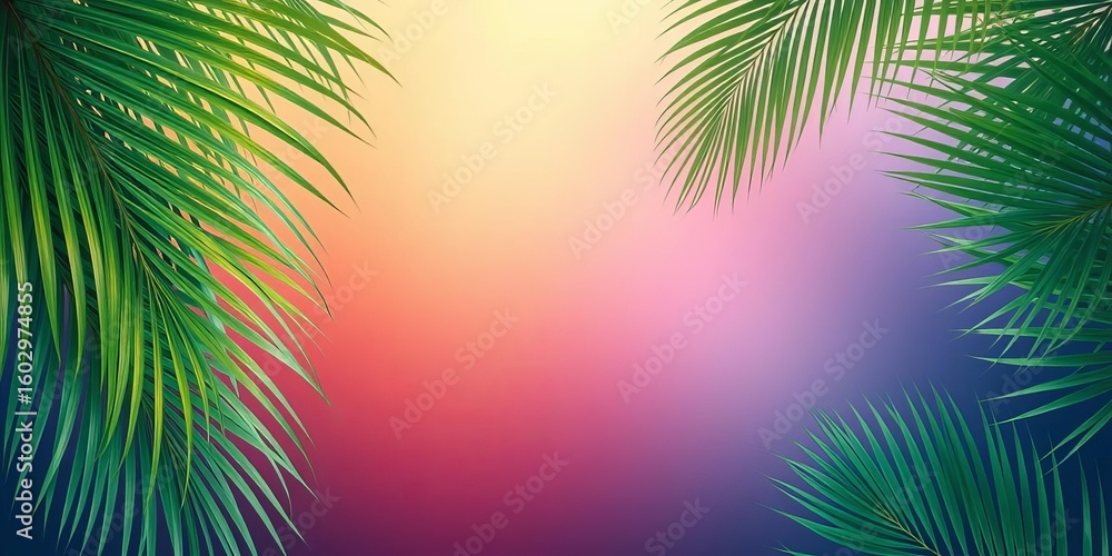 Obraz premium Abstract gradient backdrop of overlapping palm & coconut leaves, tropical feel, design, plant