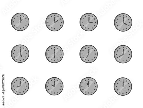 Set of simple wall clock icons showing different time hours in minimal flat style isolated on white background