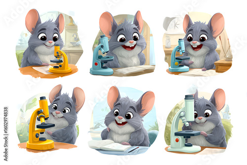 Cute cartoon mouse with microscopes in various playful poses