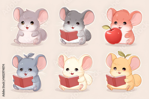 Cute and Playful Cartoon Chinchillas Reading Books with Apples
