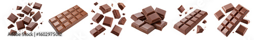 Delicious milk chocolate bars and chunks arranged on a clean white backdrop, perfect for food packaging, sweet dessert promotions, and confectionery-themed designs.