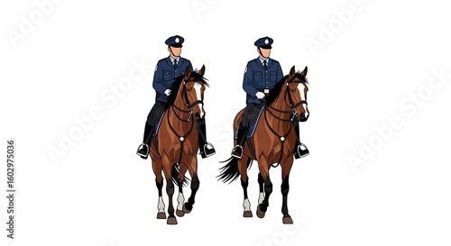 Two Police Officers Riding Horses in Uniform on White Background