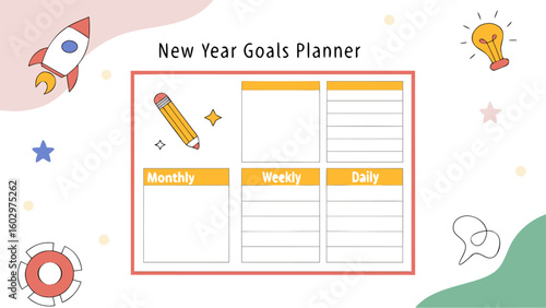 New year goals planner with monthly weekly and daily sections featuring a rocket pencil lightbulb and stars for motivation and organization