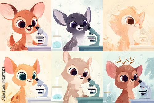 Cute Cartoon Animals Observing Under Microscope in Pastel Colors