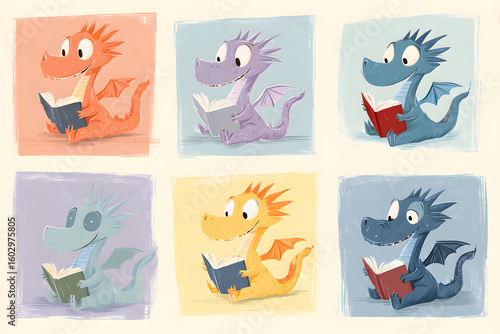 Colorful Cartoon Dragons Reading Books in Playful Illustrations