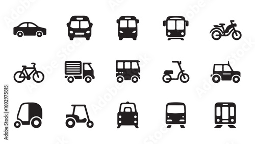 Modern transport icons collection featuring vehicles and public transit, set of vector silhouettes of different road transport icons