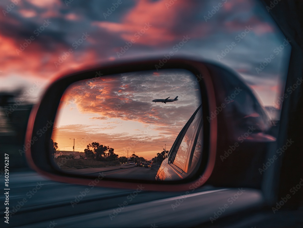 Fototapeta premium Scenic sunset view reflected in car mirror