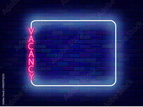 Free vacancy neon greeting card. Employee searching, head hunter. Empty white frame. Vector stock illustration