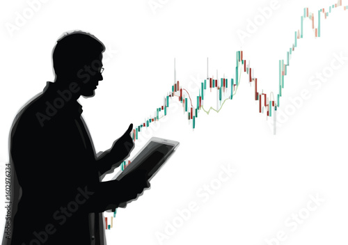 A businessman holding a tablet and giving a thumbs up while looking at a stock market graph isolated on white background