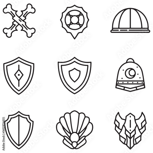 Set of vector icons depicting fantasy elements including shields and helmets on white background