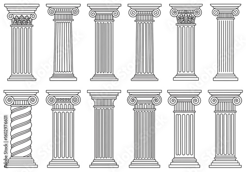 Set of classical Greek and Roman marble column illustrations in various architectural styles