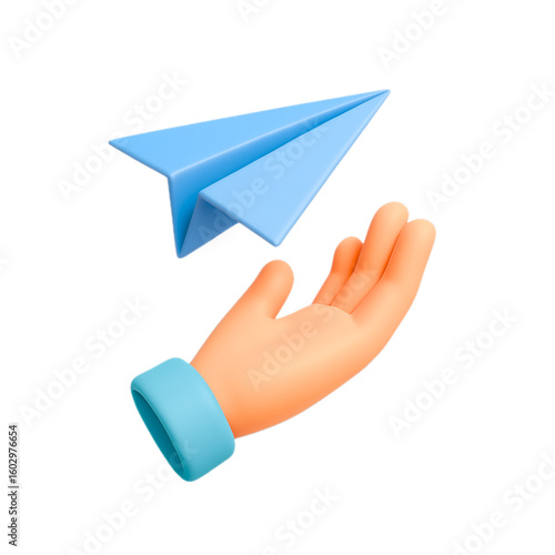 3d cartoon hand releasing a blue paper airplane isolated on transparent background