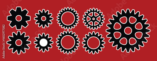 Black gear collection with white outlines on red background mechanical industry