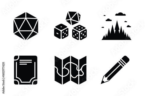 Polyhedral dice map and pencil silhouette twenty sided die game dice