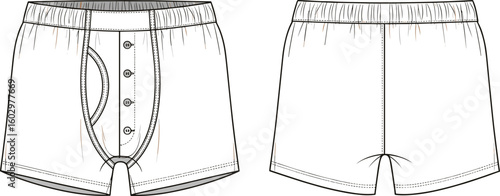 CAD drawing flat vector illustration of men’s boxer shorts with button fly front and elastic waistband technical fashion apparel sketch