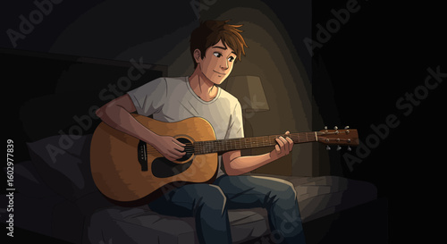 A quiet evening of songwriting, a young man strums an acoustic guitar in his dimly lit room.