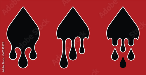 Black liquid drops dripping on red background falling