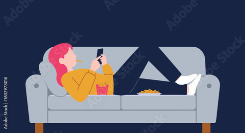 Relaxing at Home Woman Enjoying Leisure Time with Phone and Snacks on Sofa