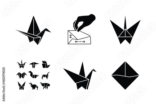 Origami cranes and animals black silhouette collection bird paper