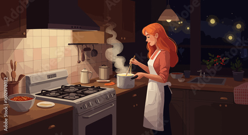 Illustration of a woman preparing dinner, stirring a steaming pot in a warm and inviting home kitchen at night