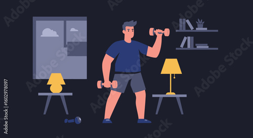 Man Exercising at Home with Dumbbells