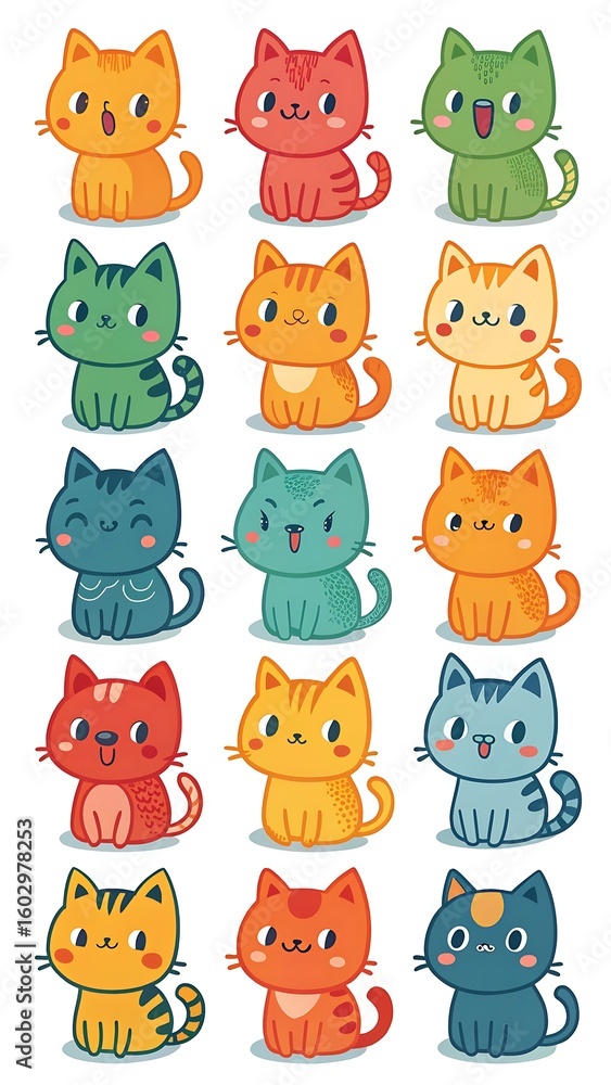 Naklejka premium Cute cartoon cats in warm colors, orange red green blue, sitting poses, kawaii style expressions, isolated 