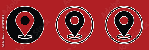 Black location pins with white outlines on red background marker symbol