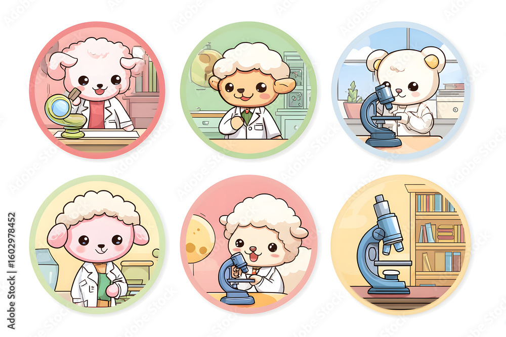 Obraz premium Cute Cartoon Sheep Characters Engaged in Scientific Research Activities