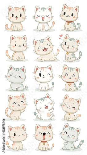 Adorable kawaii cats with various expressions sitting poses featuring orange gray white striped patterns cheerful faces, isolated 
