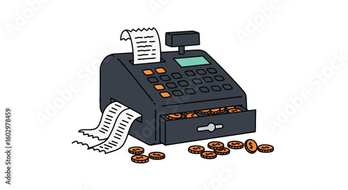 Vintage Cash Register with Receipts and Coins - Financial Transactions