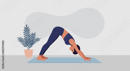 Serene Yoga Practice Woman in Downward-Facing Dog Pose at Home
