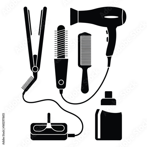 Black and white vector illustration of hair styling bundle including straightener, curler, blow dryer, and hairbrush on white background