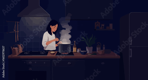 A young woman finds tranquility while whisking a simmering pot in her cozy, dark kitchen at night.