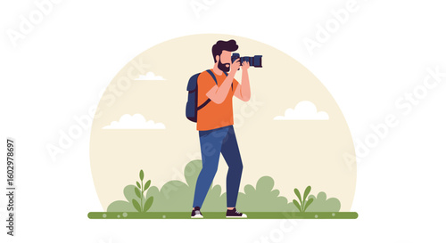 Man with Camera in Nature Capturing Scenic Views, Photography Hobbyist Exploring Outdoors