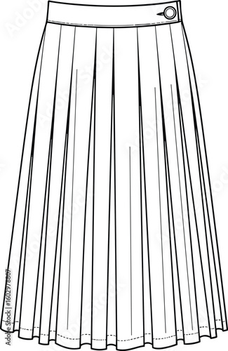 CAD drawing flat vector illustration of pleated midi skirt front view with waistband and button detail, technical fashion sketch template