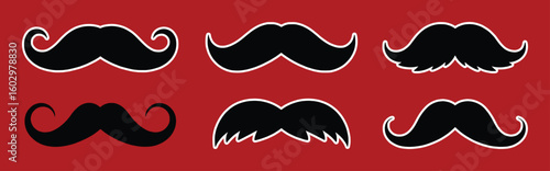 Black mustache styles collection on red background white vector