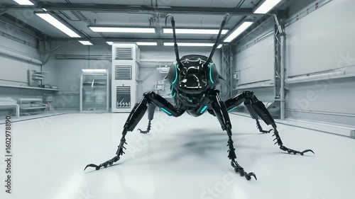 Futuristic robotic insect in a high-tech lab environment, showcasing advanced design and technology