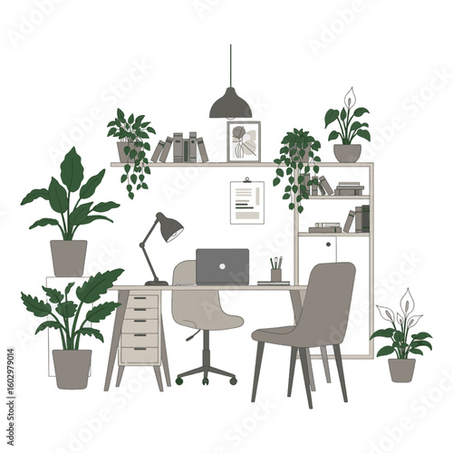 Compact workspace with hanging lamp and plant-filled shelves