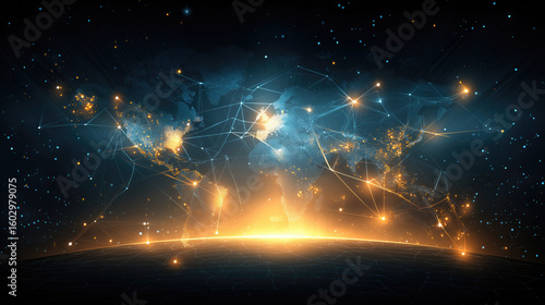 Futuristic World Map Composed of Glowing Data Points, Lines & Orange Flare