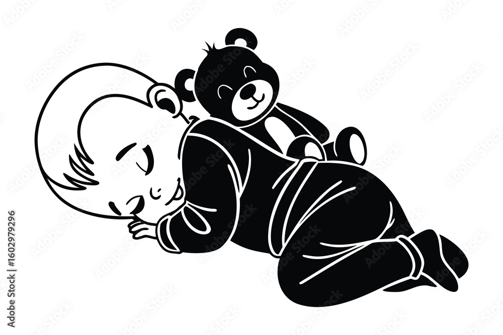 Fototapeta premium Sleeping Baby Silhouette Hugging Teddy Bear Under Moon and Stars